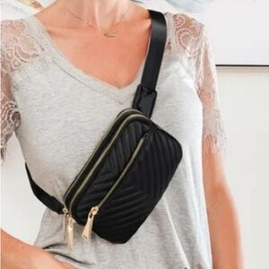 Unbranded Triple Zipper Quilted Vegan Faux Leather Black Belt Bag Fanny Pack
